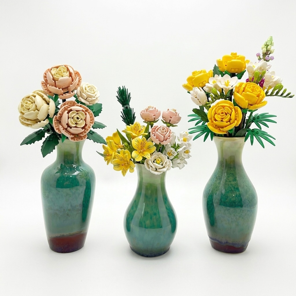 KeyDeco Small ceramic vase set holding Lego Flower Bouquet 10280