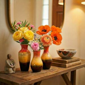 KeyDeco Small Warm tone ceramic bud vase holding fresh wildflower on a Entry Way table