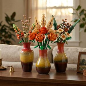 KeyDeco Small Warm tone ceramic bud vase holding Lego wildflower bouquet 10313 on a kid room desk. 