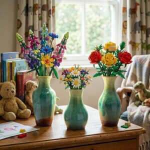 KeyDeco Small emerald green ceramic bud vase holding Lego wildflower bouquet 10313 on a kid room desk. 