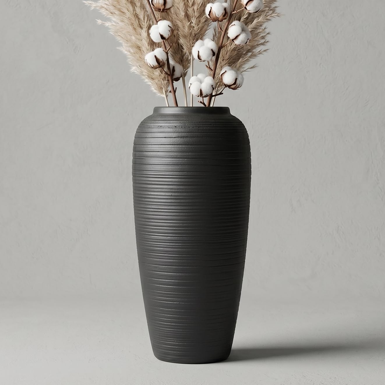 KeyDeco 12.5" Large Matte Black Ceramic Vase, Modern Minimalist Centerpiece