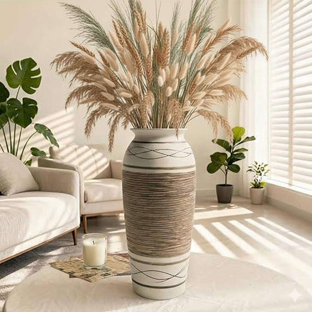 KeyDeco 12.5" Large Rustic Decorative Vase, Wide Ribbed Ceramic Pattern A - Image 4