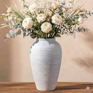KeyDeco 10" Medium White Ceramic Vase, Farmhouse Ribbed Table Centerpiece