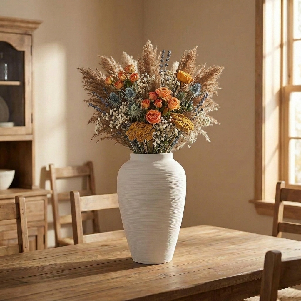 KeyDeco 10" Medium White Ceramic Vase, Farmhouse Ribbed Table Centerpiece - Image 3