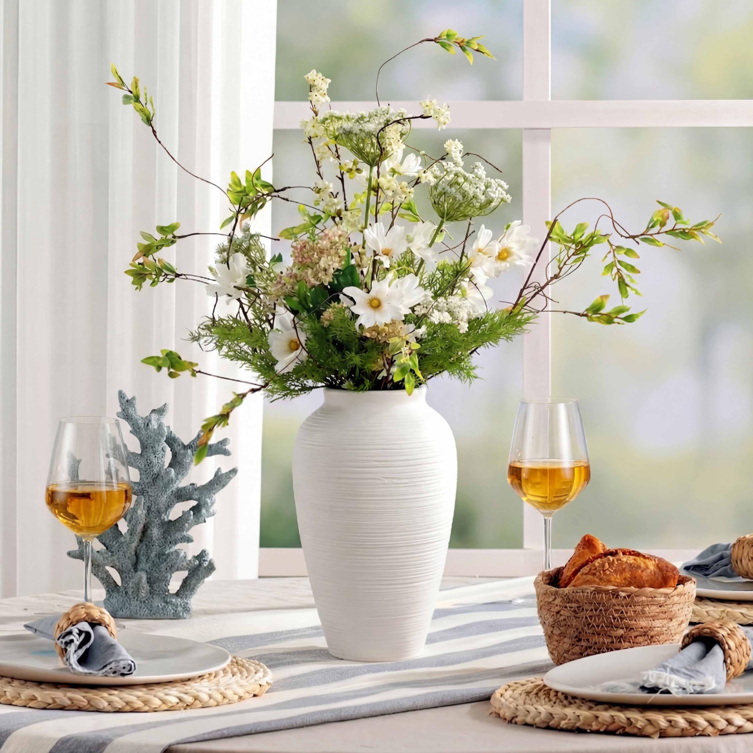 KeyDeco 10" Medium White Ceramic Vase, Farmhouse Ribbed Table Centerpiece - Image 4