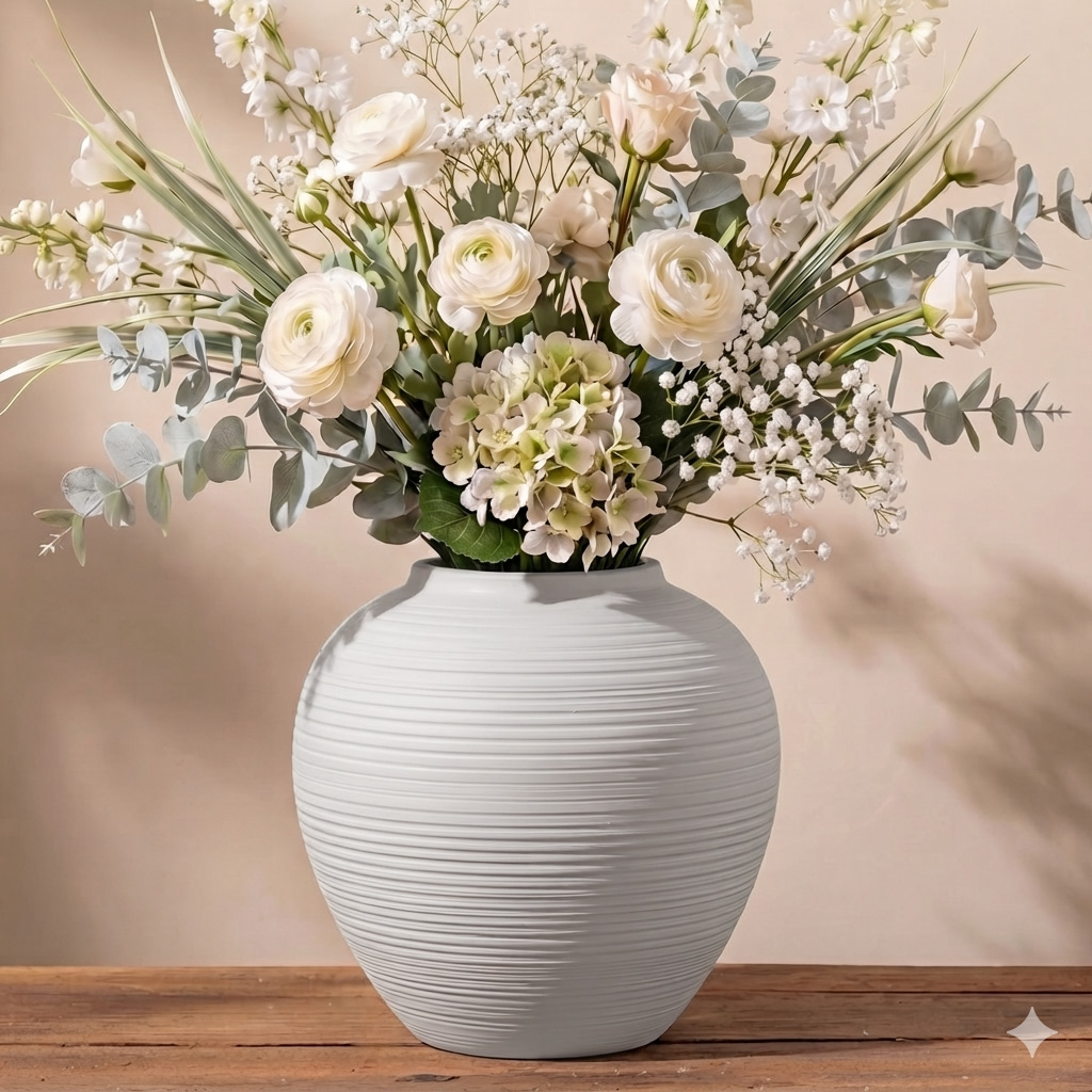 KeyDeco 7" Short White Ceramic Vase, Small Farmhouse Ribbed Table Decor