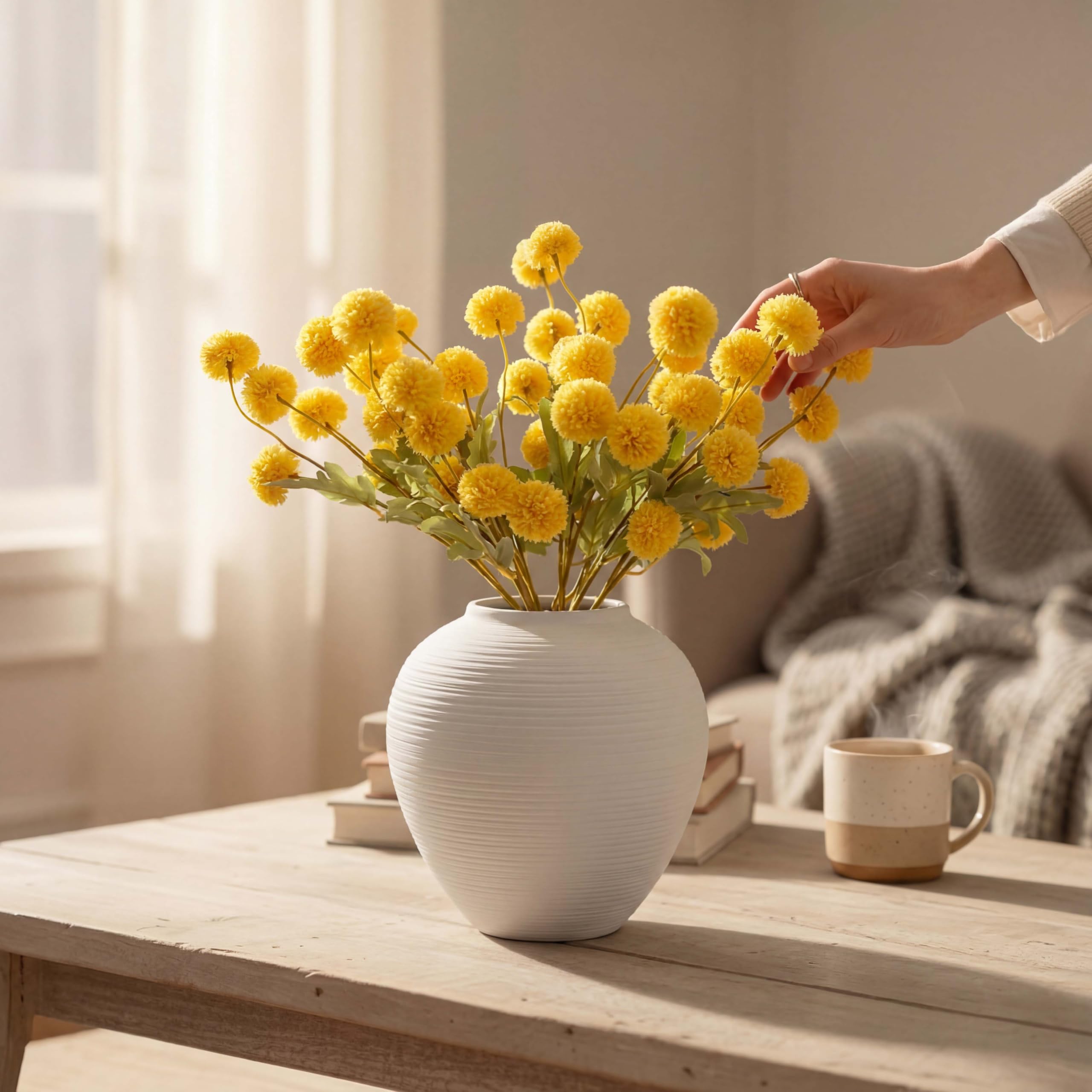 KeyDeco 7" Short White Ceramic Vase, Small Farmhouse Ribbed Table Decor - Image 4