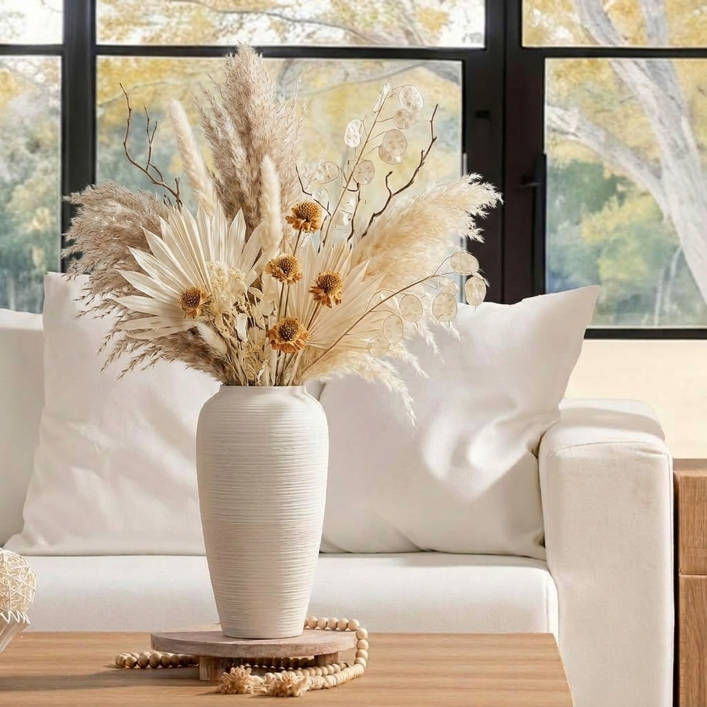 KeyDeco 10" Medium White Ceramic Vase, Farmhouse Ribbed Table Centerpiece - Image 2