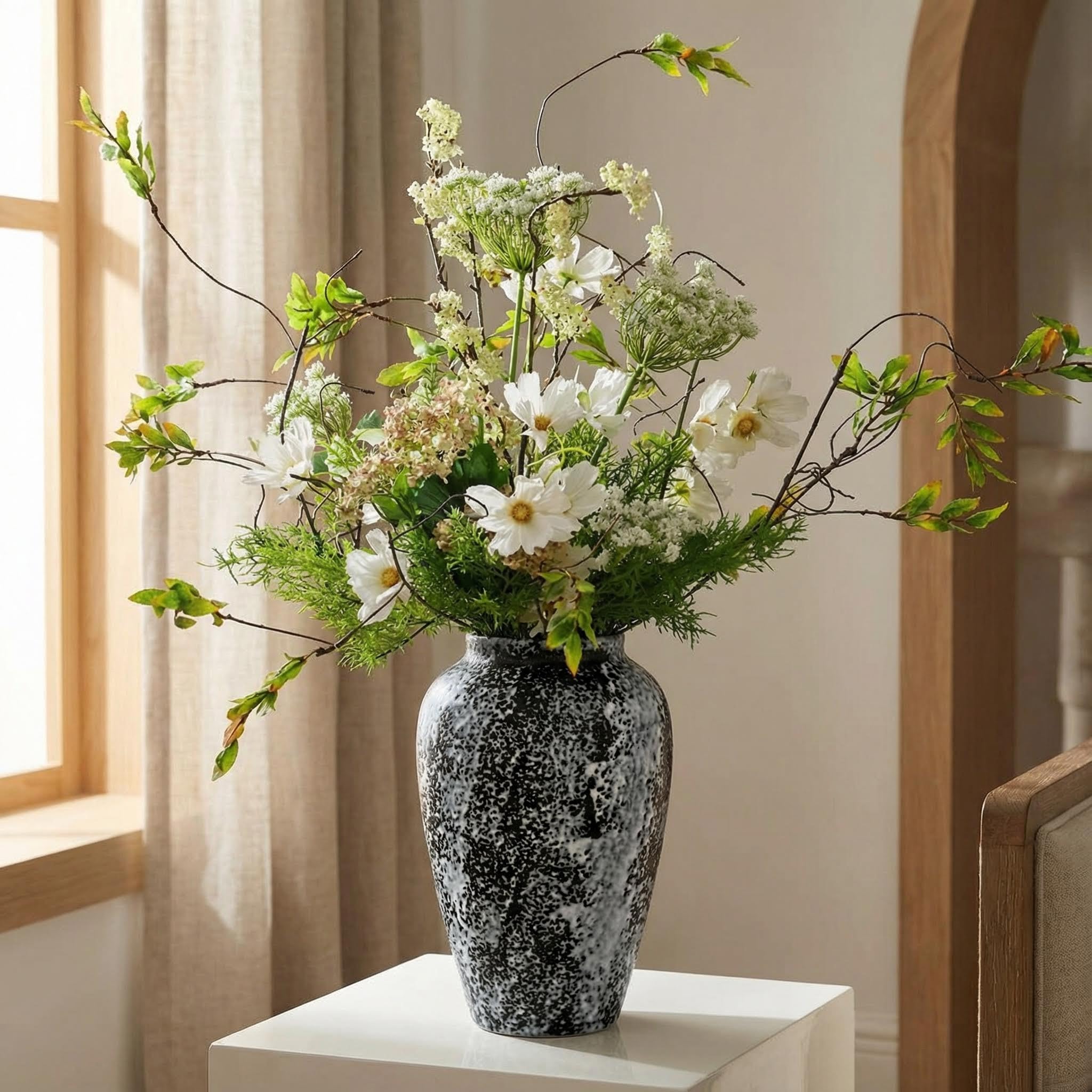 KeyDeco 10" Medium Rustic Ceramic Vase, Speckled Farmhouse Table Decor - Image 2
